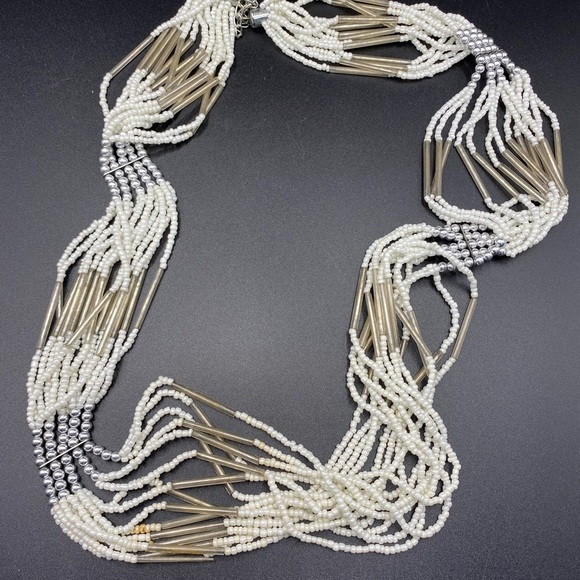 White Seed Beads & Silver Multi-Strand Necklace - Picture 6 of 6